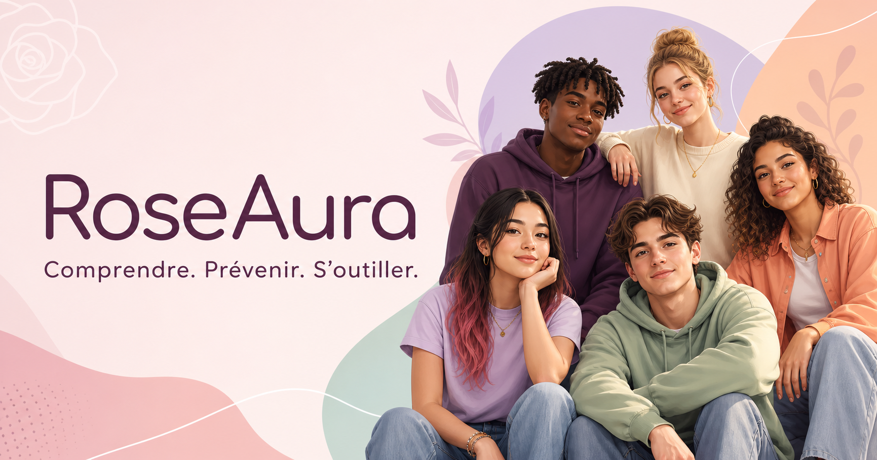 Illustration d'un groupe diversifié de jeunes réunis dans une ambiance chaleureuse RoseAura